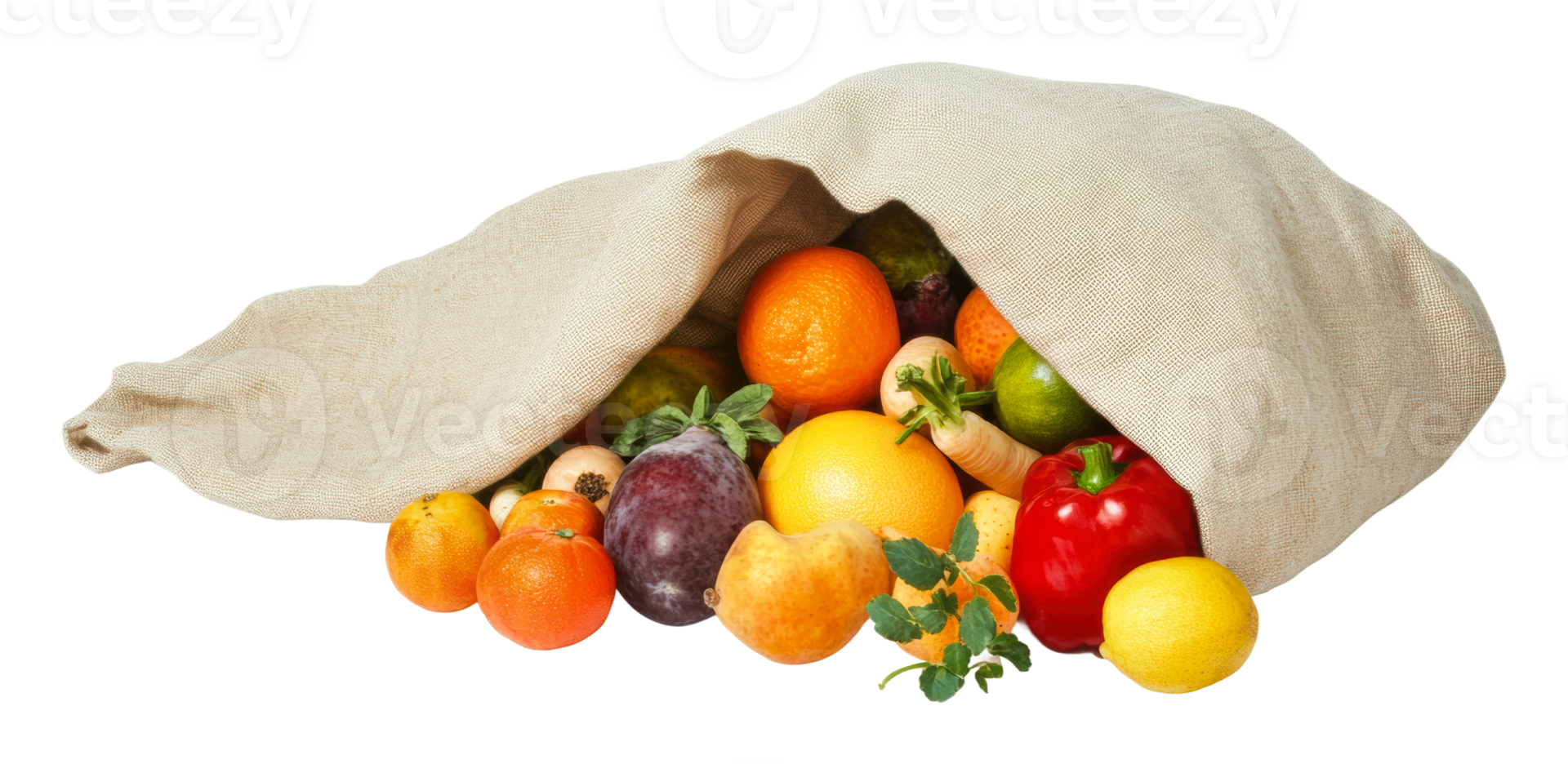 Fresh assorted fruits spilling from a sack png