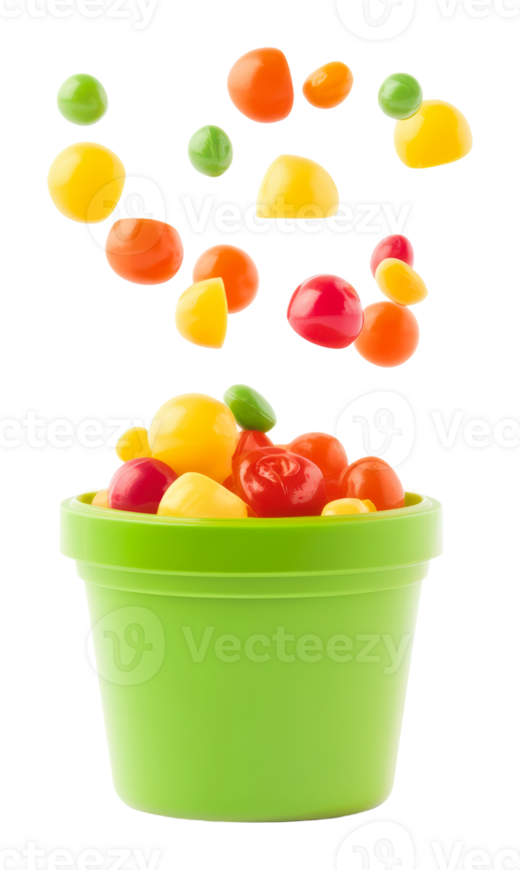 Colorful fruit-shaped candies in a green pot png