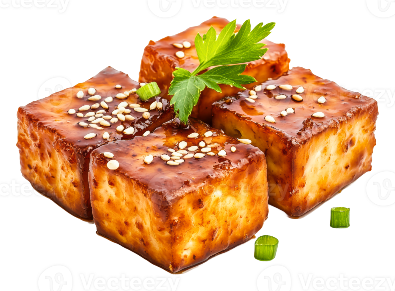 Delicious grilled tofu cubes with savory sauce png