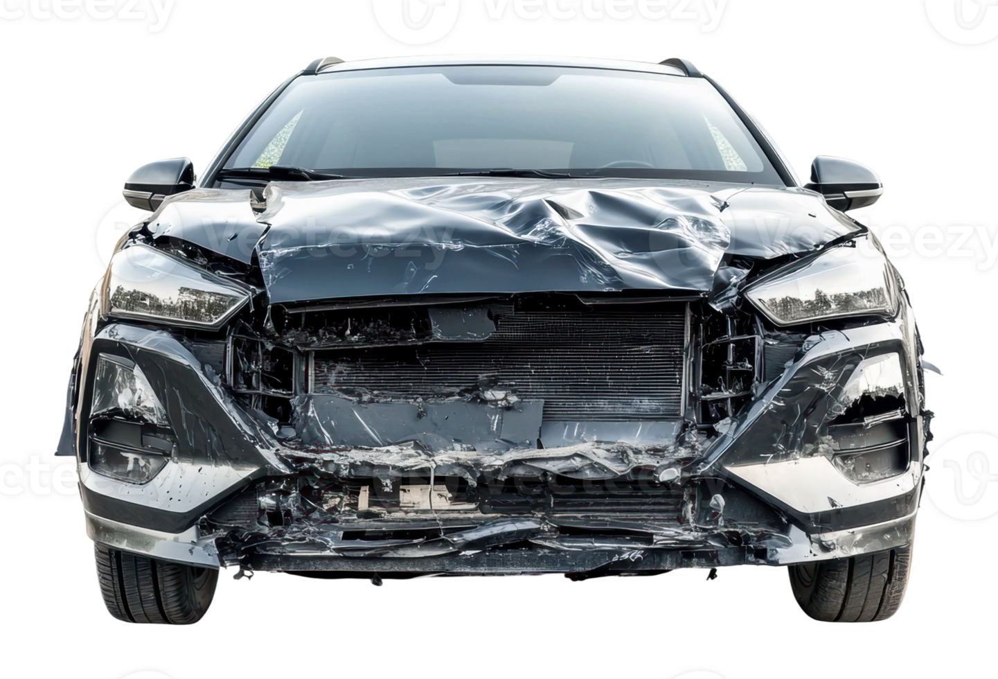 Damaged black SUV after collision on city street png