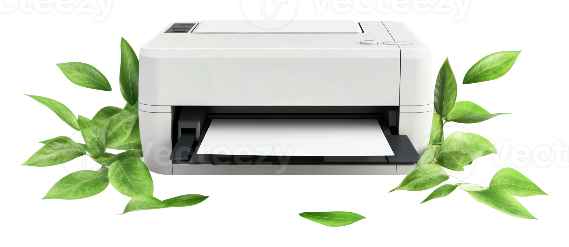 Eco-friendly printer surrounded by green leaves png