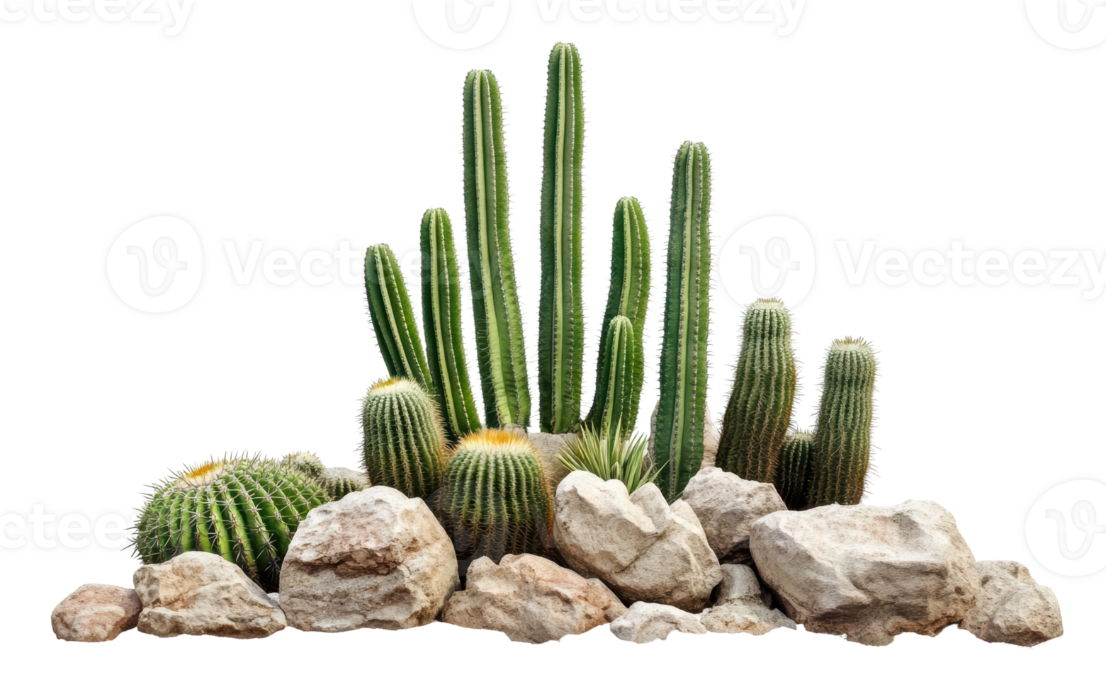 Cactus arrangement with rocks in desert setting png