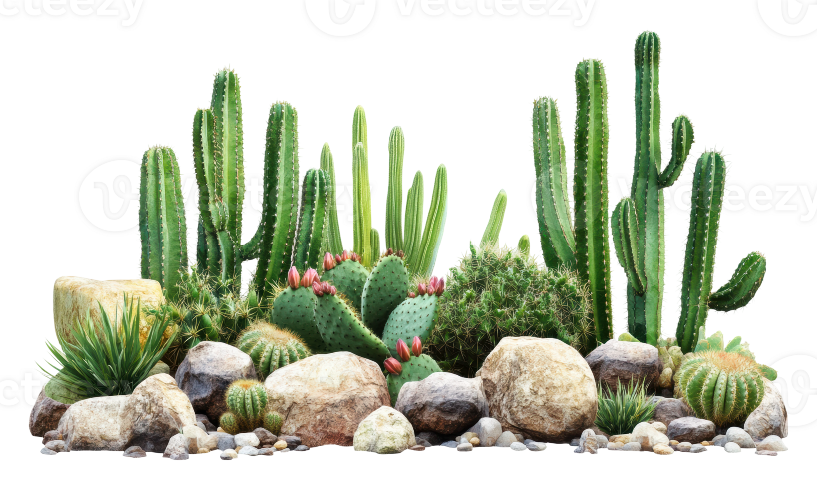 Cacti and succulents in a desert landscape setting png