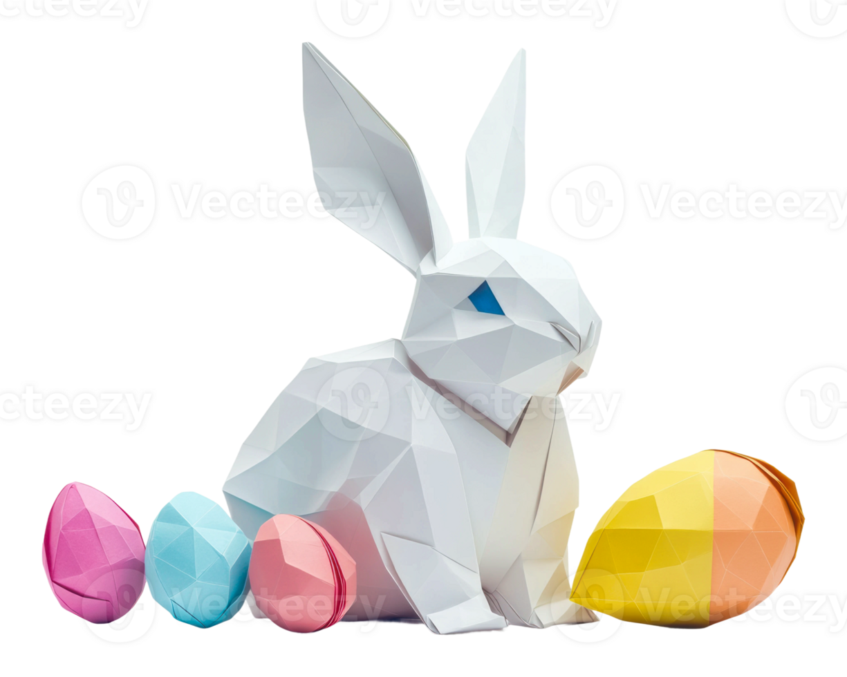 White bunny surrounded by colorful eggs in spring png