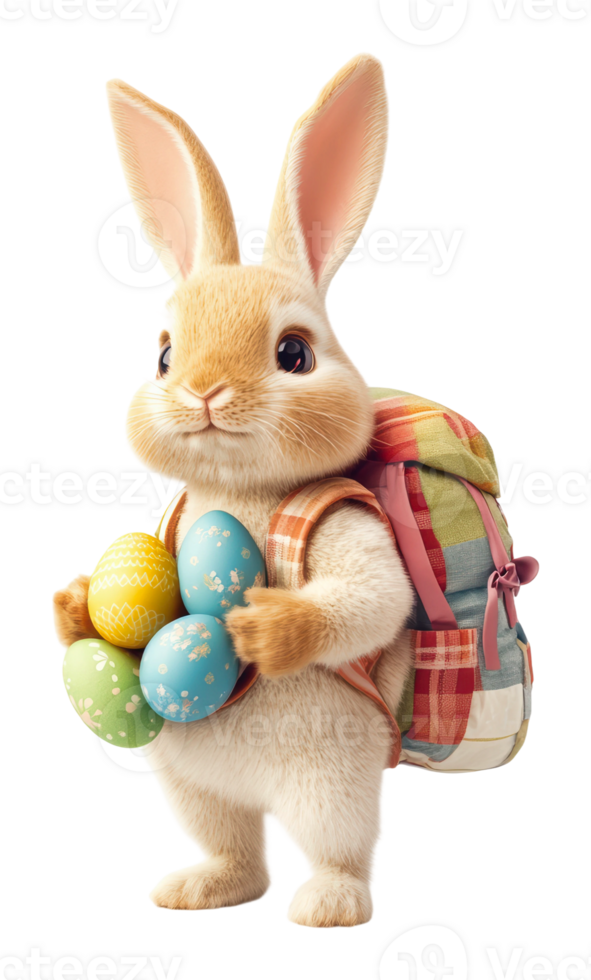 Cute bunny carrying colorful eggs in springtime png