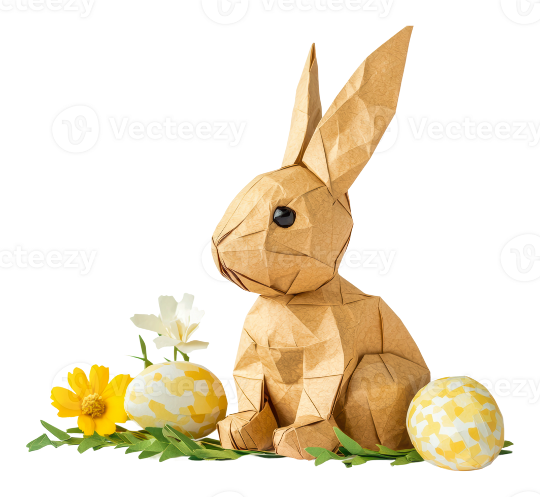 Cute origami rabbit with Easter eggs and flowers png
