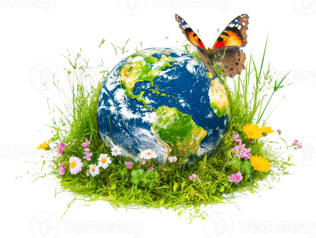 Earth adorned with flowers and a butterfly png