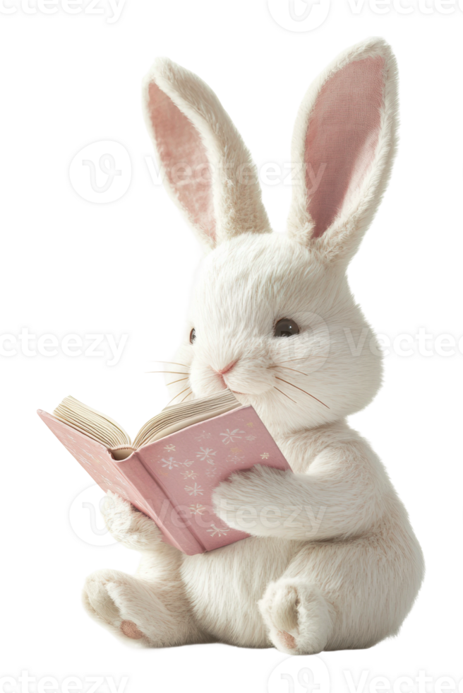Cute white rabbit reading a pink book png