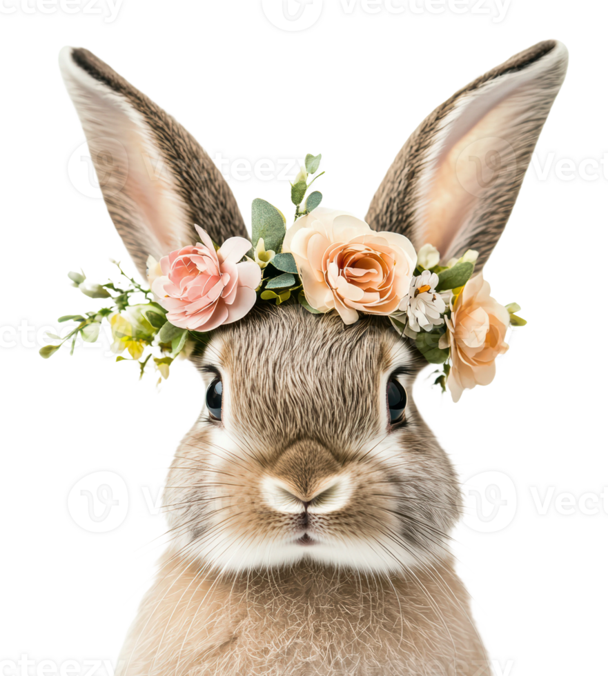 Rabbit wearing a flower crown in bright setting png