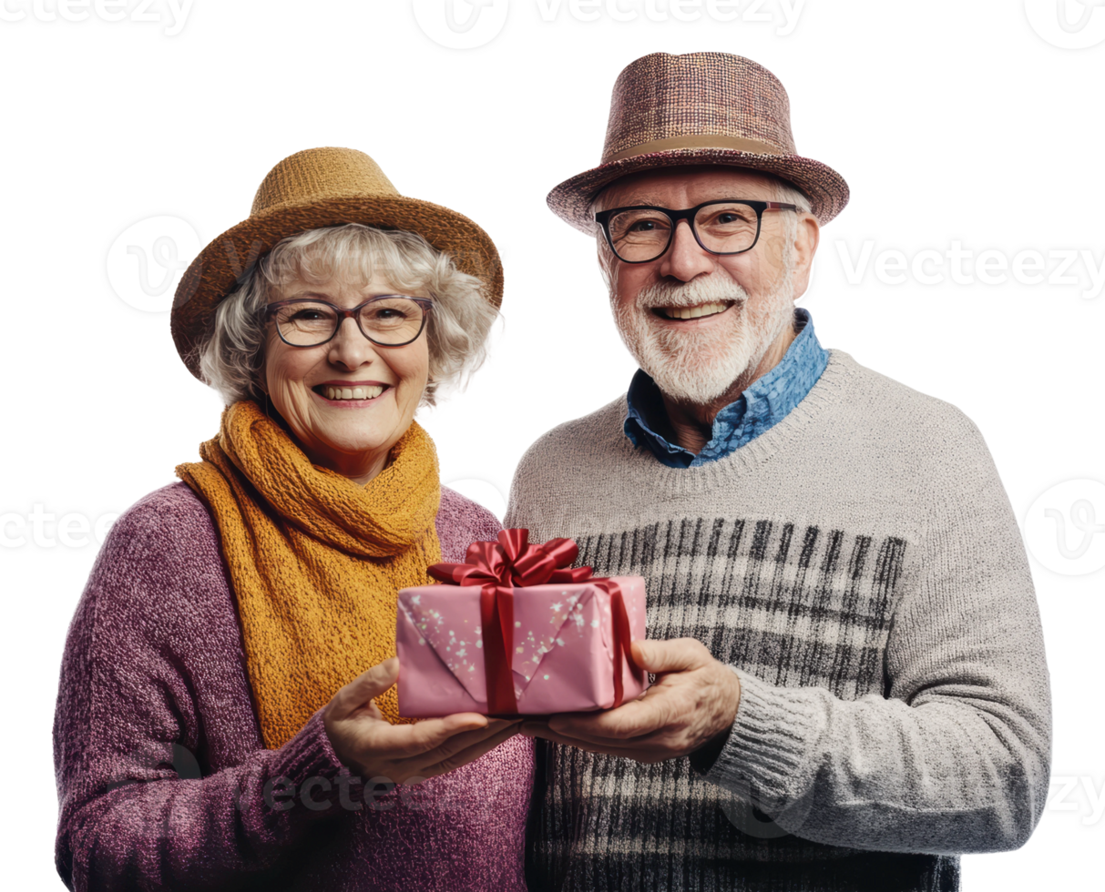 Elderly couple joyfully holding a gift together png