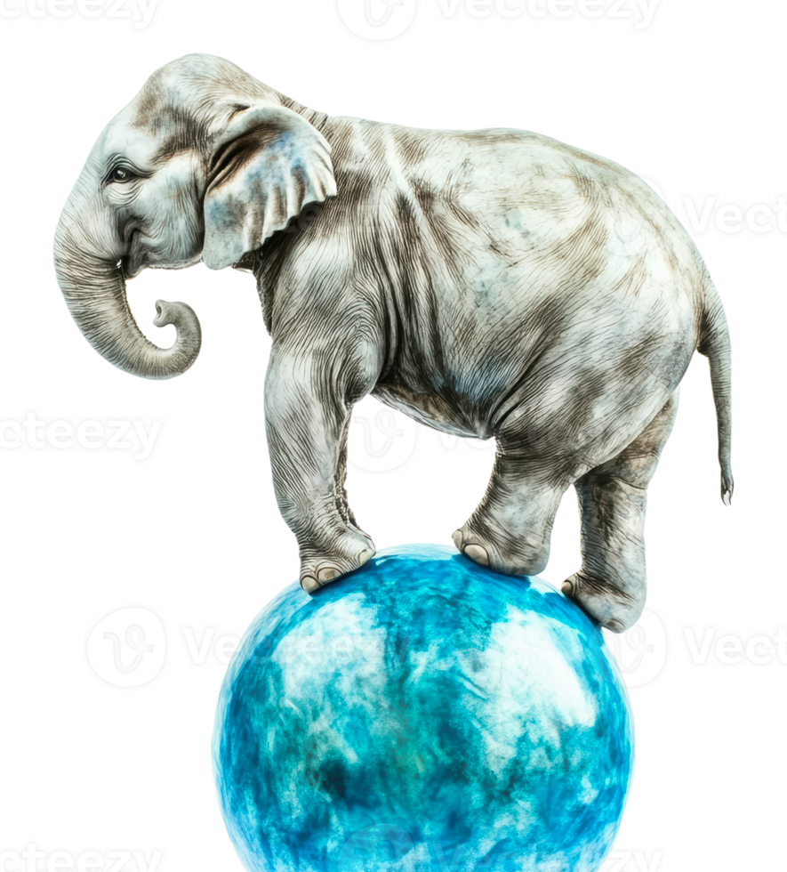 Elephant balancing on a blue globe in art png