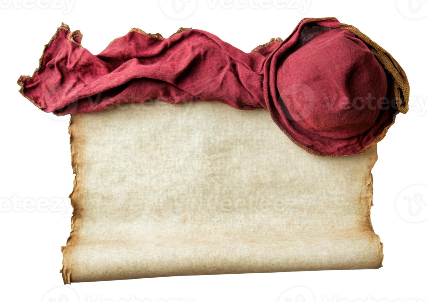 Old scroll and fabric hat on weathered parchment png