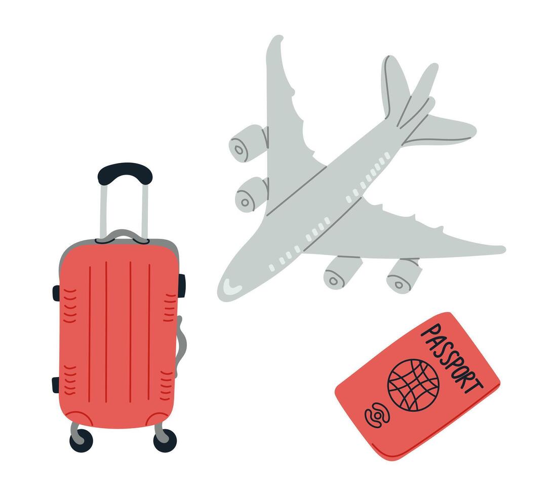 Minimalistic travel illustration with a suitcase, airplane, and passport in soft gray and red tones, symbolizing adventure, exploration, and travel essentials for a journey vector