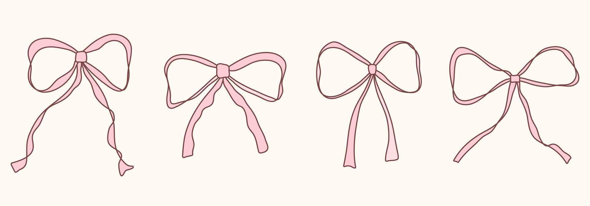 Minimalist pink hand drawn bow set with ribbons. Bowknot for wedding, birthday, christmas cards, poster, tattoo, gift, frames. Vintage coquette bows. Doodle Sketch elements. Isolated illustrati vector