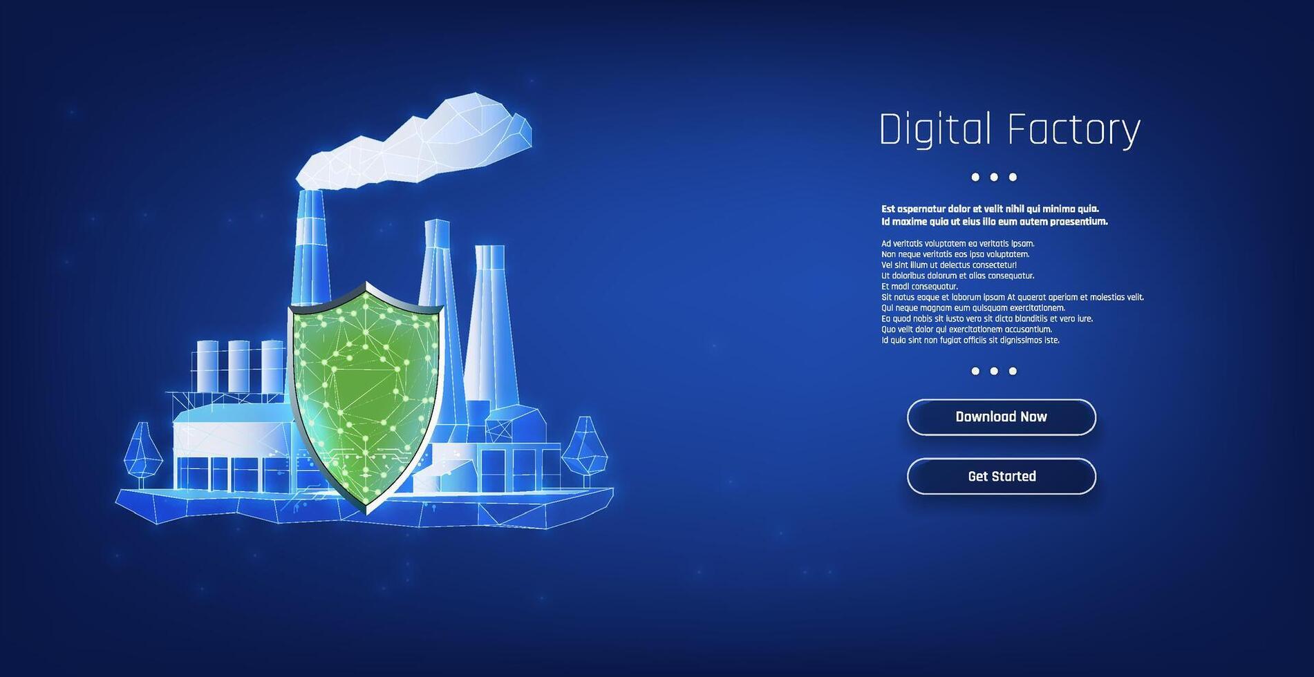 Conceptual digital factory with protective shield symbolizing innovation and security in manufacturing processes. vector