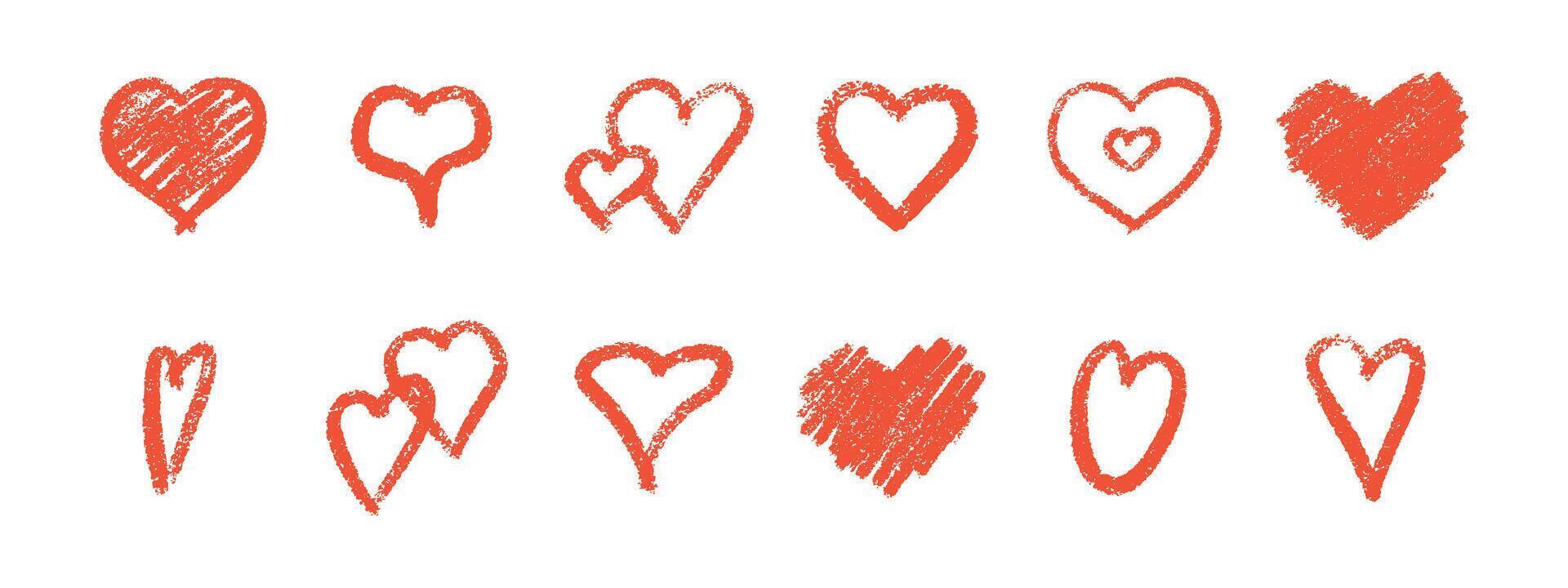 Heart collection of red crayon sketches - rough textured shapes with outlined, filled, nested patterns. vector