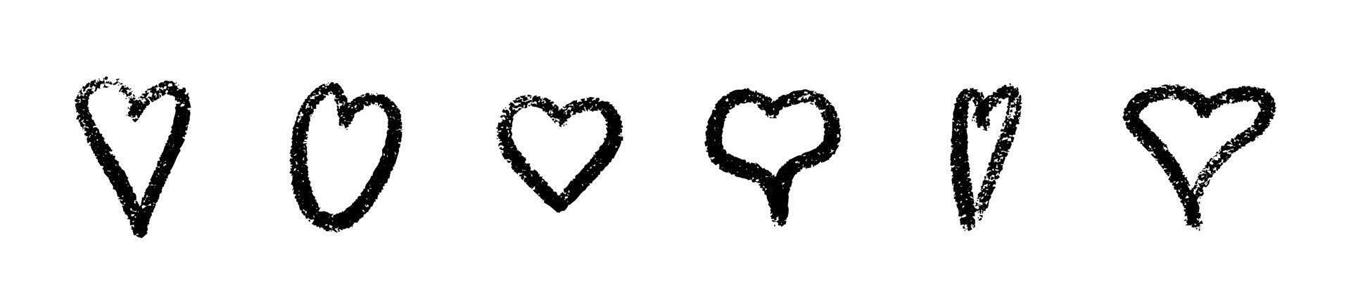 Crayon heart set of black sketched shapes with rough textured edges vector