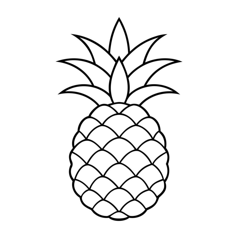 Black and white outline illustration of a pineapple with detailed leaves and texture vector