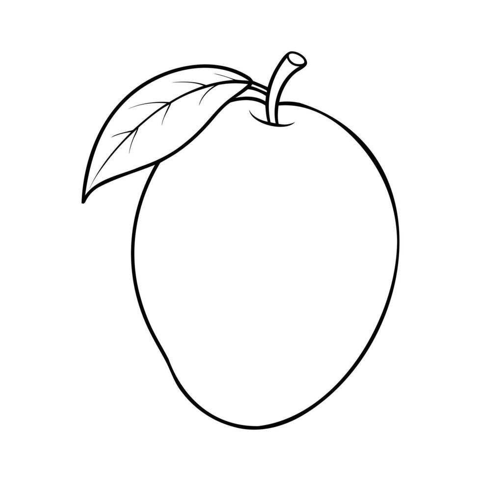 Black and white outline drawing of a mango with a stem and leaf vector