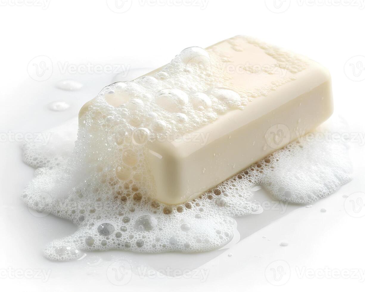 A bar of soap sitting on top of a white surface photo