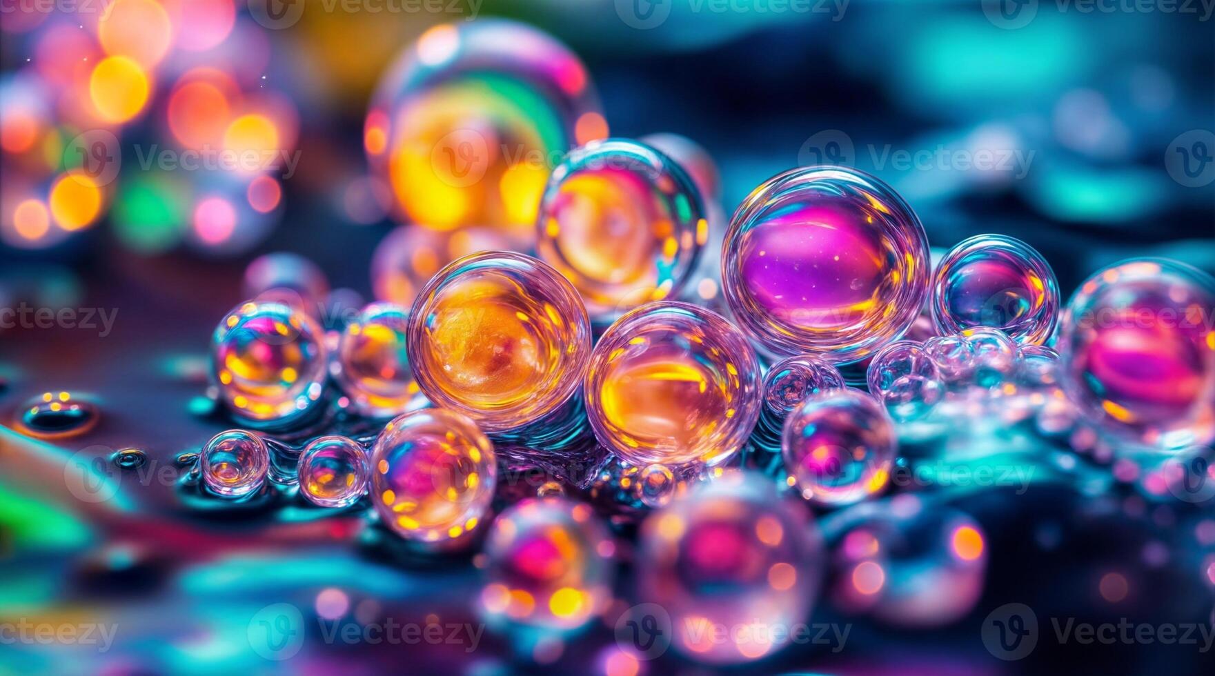 Many colorful bubbles are floating on a surface photo