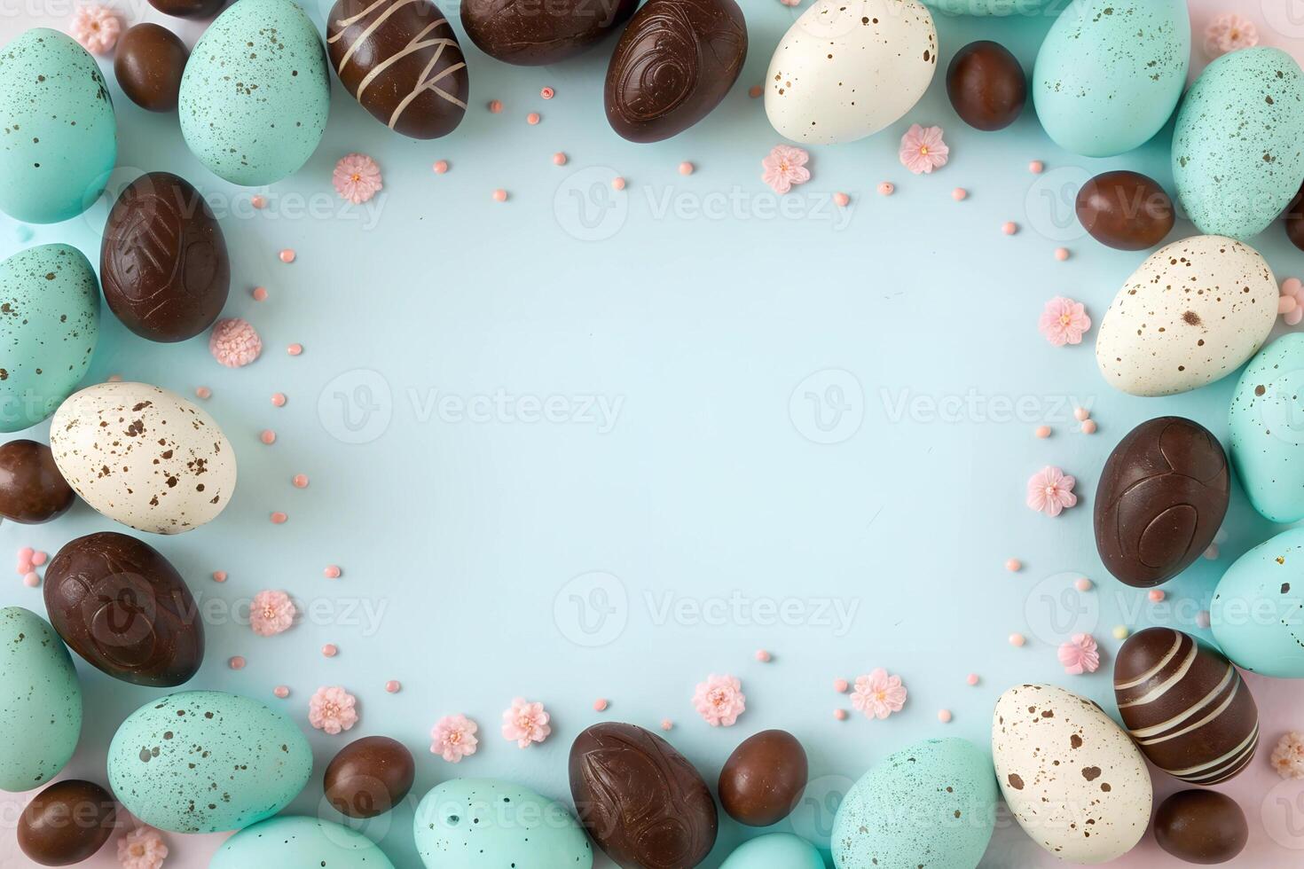 Easter eggs and chocolate on a blue background photo