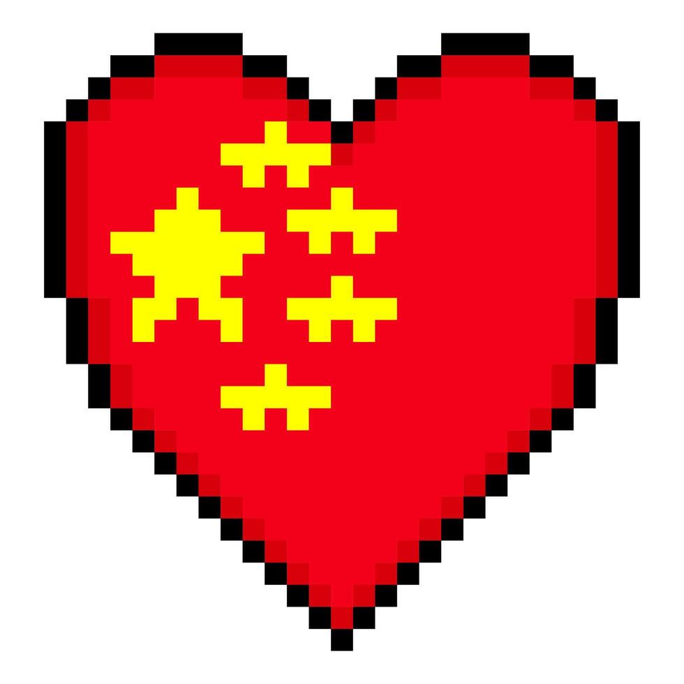 Chinese flag with heart shape in pixel art style vector