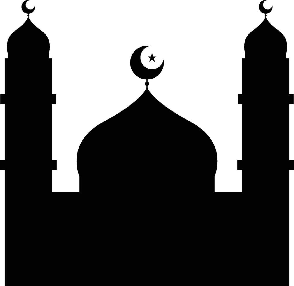 Black Silhouette Small Mosque with Crescent Star on Top of Dome vector
