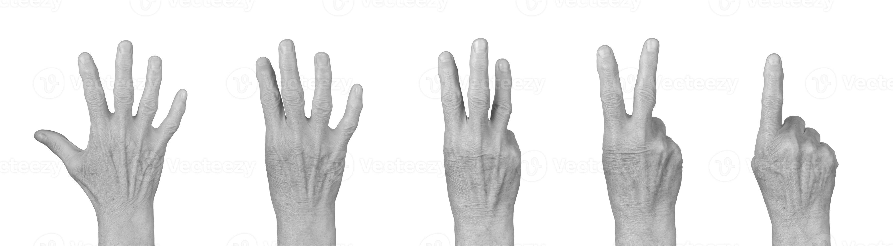 Elderly hand showing counting gestures, numbers 1 to 5, fingers up, wrinkled skin, gray tones, photo