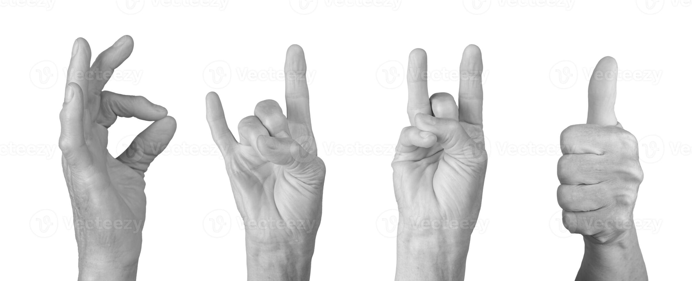 Elderly woman's hand showing rock horn gesture with thumb up, wrinkled skin, expressive sign of photo