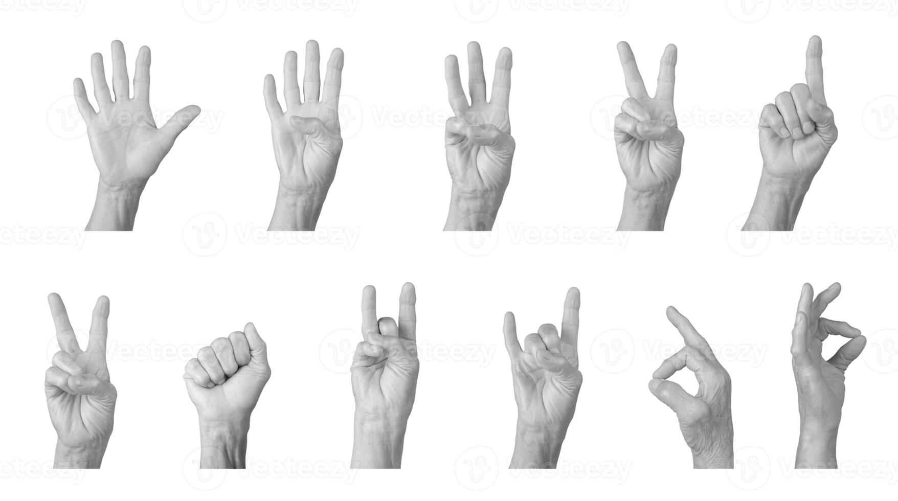 Elderly hand showing counting gestures and signs like peace, fist, and rock horn, wrinkled skin, photo