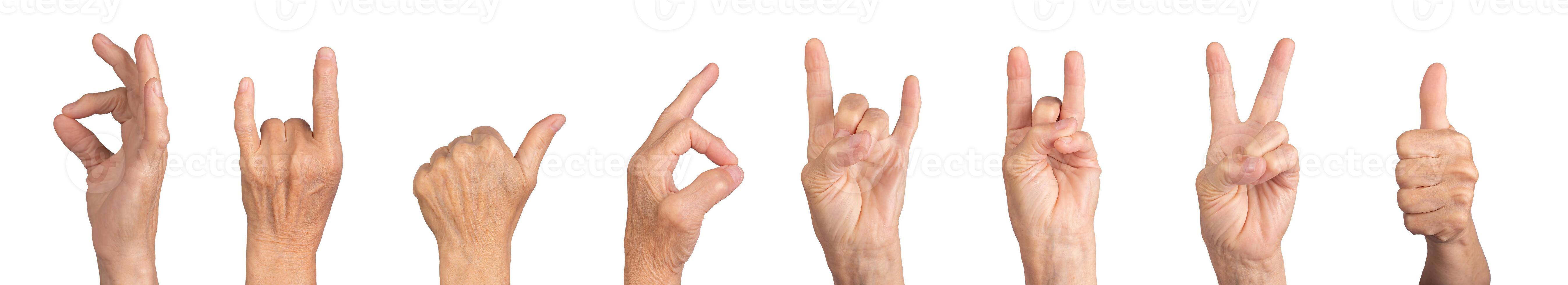 Elderly female hand displaying gestures such as peace, victory, rock horn, and thumb up, wrinkled photo