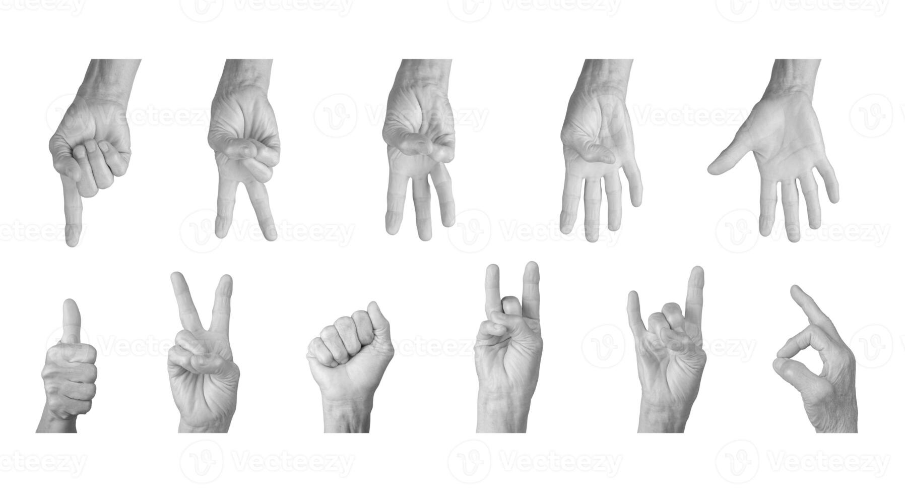 Elderly hand showing gestures like peace, rock horn, and counting numbers 1 to 5, wrinkled skin, photo