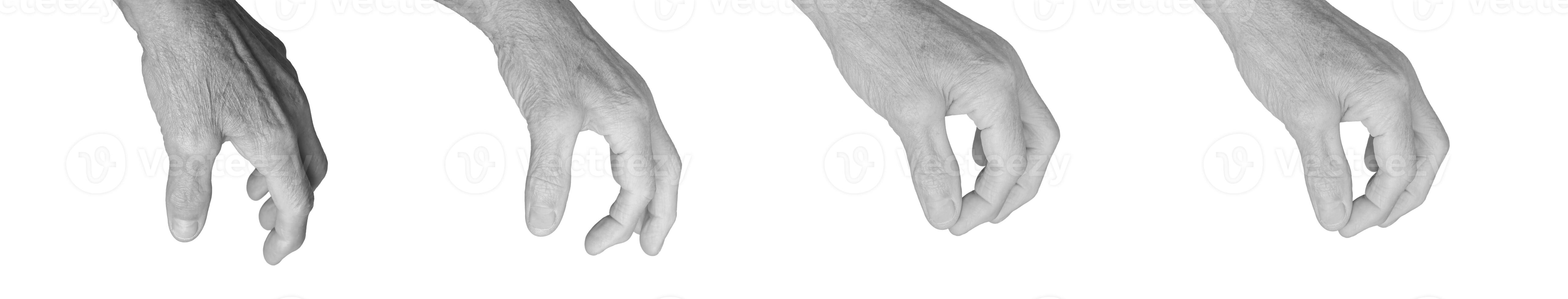 Elderly woman's hand pinching with thumb and index finger, gesture as if holding or sprinkling photo