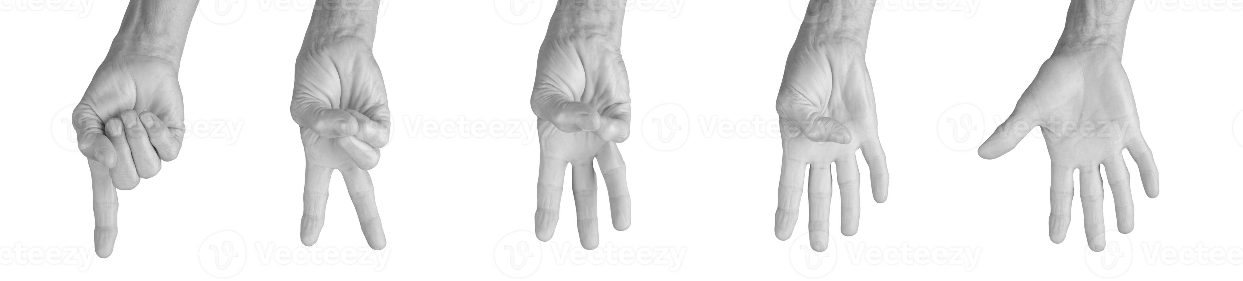 Counting fingers concept. Closeup of elderly human hand showing numbers, gesture communication, photo