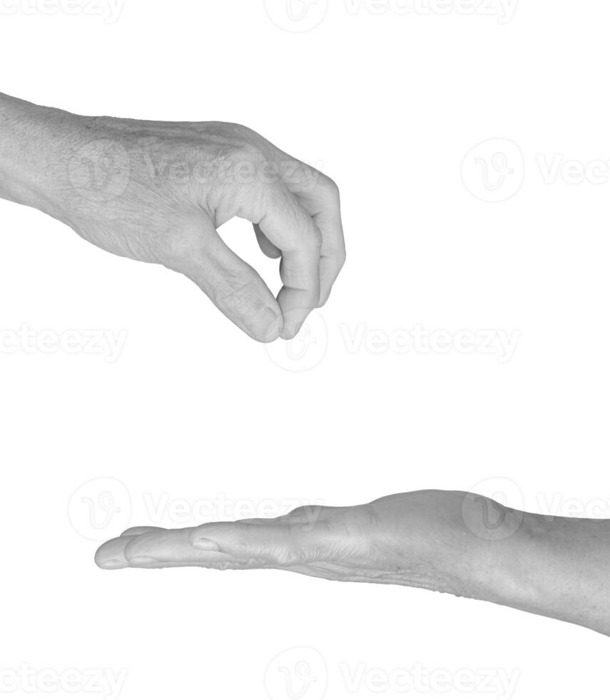 Elderly woman's hand open and reaching, palm up with fingers slightly curled, wrinkled skin in photo
