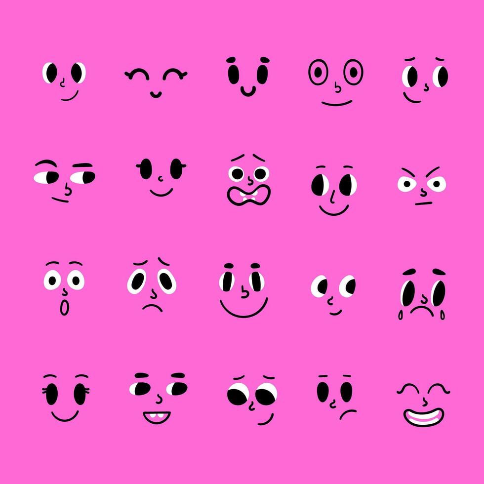 Funny cartoon faces. Drawing set of facial expressions. Flat characters vector