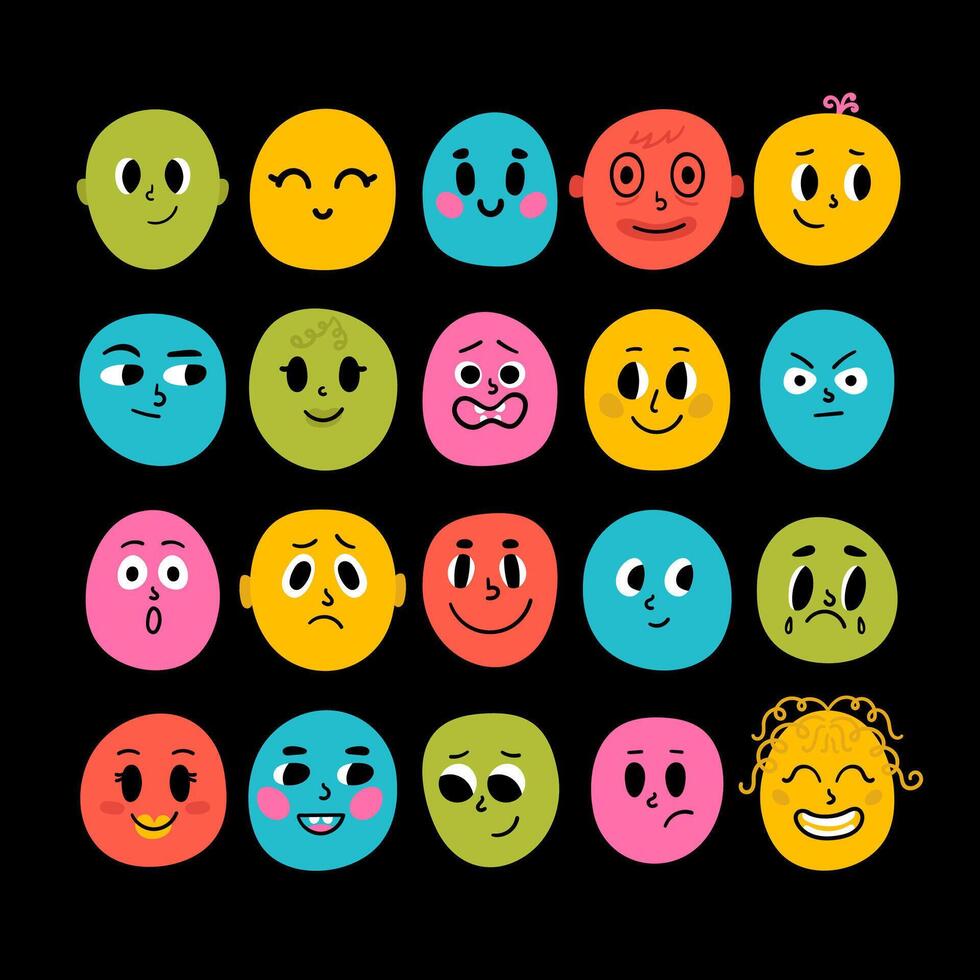 Funny cartoon faces. Set of facial expressions. Flat style characters vector