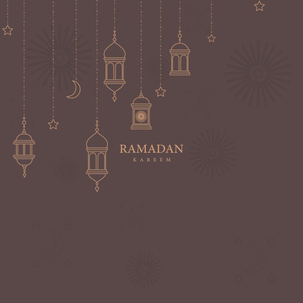 Ramadan Kareem Background with Hanging Lanterns, Crescent Moon, Stars, and Islamic Decorative Elements on Dark Elegant Theme vector