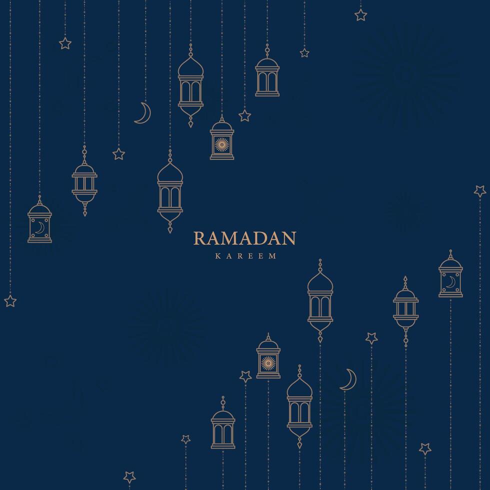 Ramadan Kareem Background with Hanging Lanterns, Crescent Moon, Stars, and Elegant Islamic Pattern on Dark Blue Theme vector