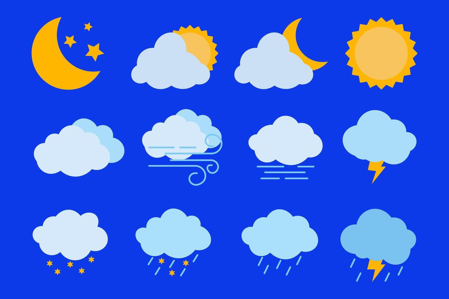 Modern weather icons set. Flat symbols on blue background. vector