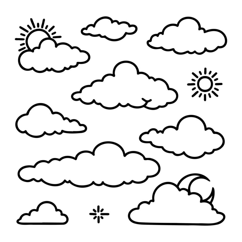 Collection of cloud drawings with line art on a white background vector