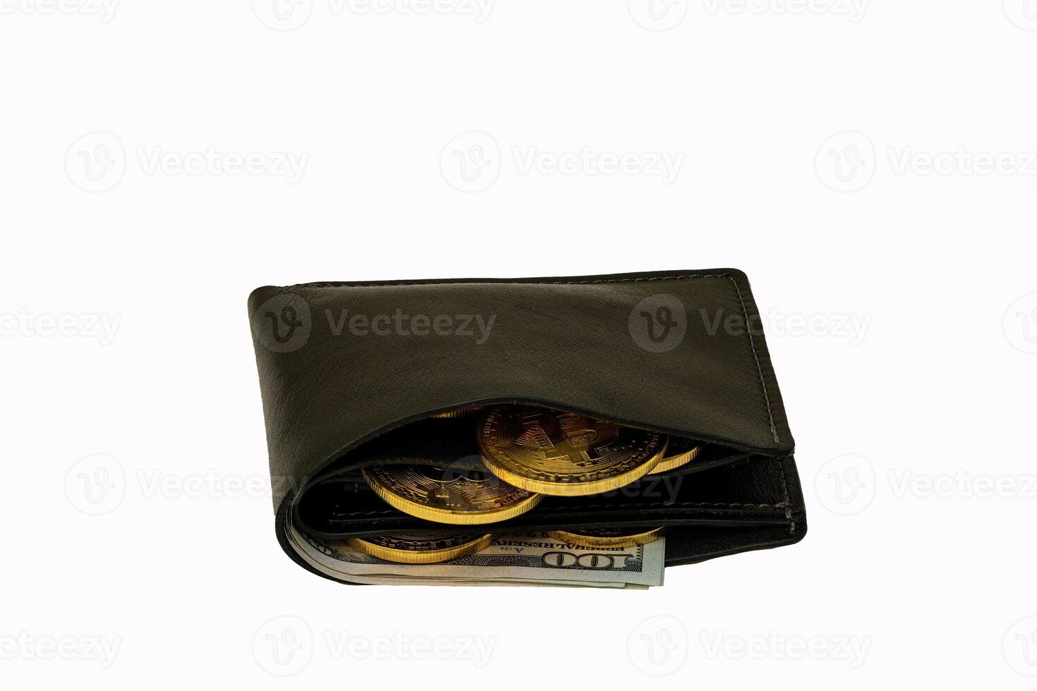 Wallet with coins and cash displayed on a white background photo