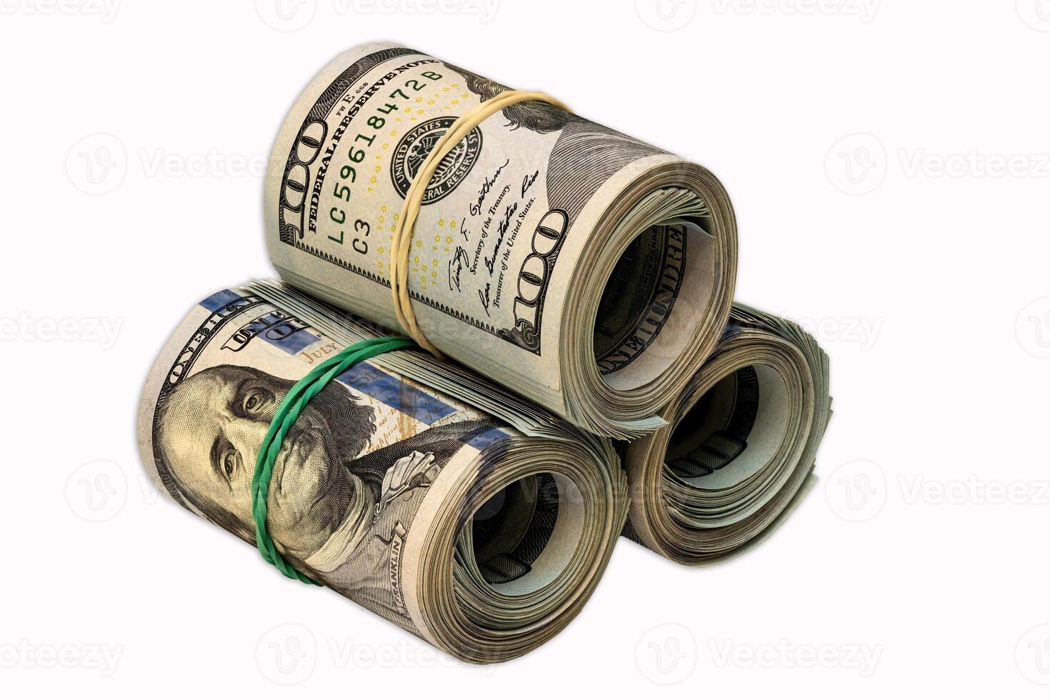 Cash bundles stacked neatly on a white surface for financial use photo