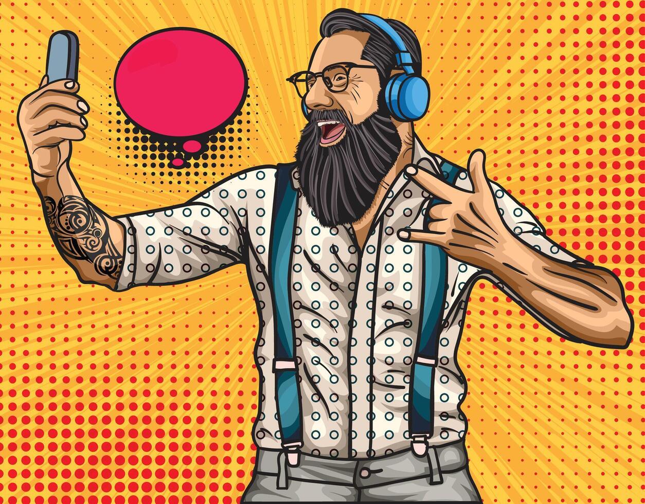 Bearded Hipster Taking Selfie with Headphones Pop Art Style Illustration vector