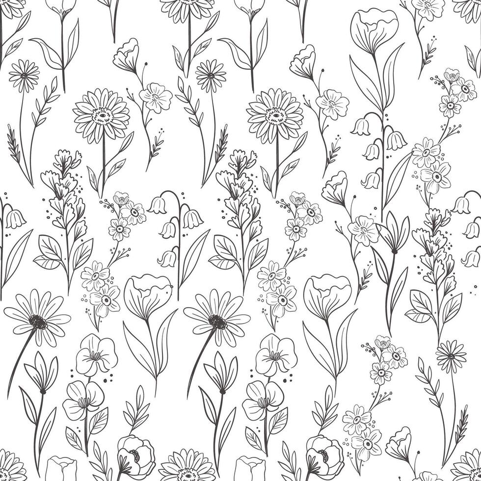 Hand drawn flower pattern, creative floral background, floral element, black line painted flower pattern vector