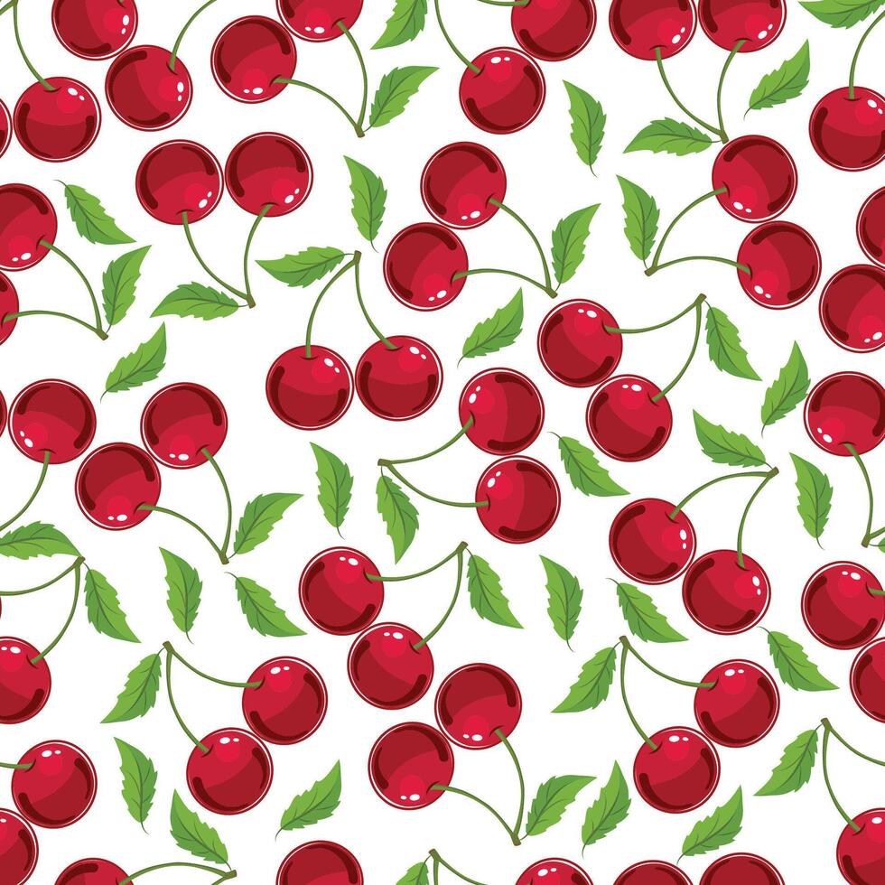 Fresh Cherry Pattern with Green Leaves Seamless Design vector
