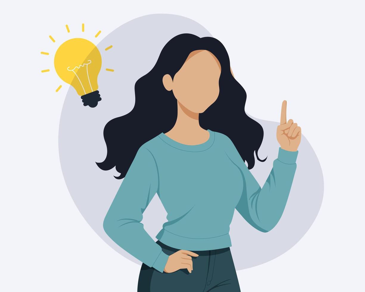 Young woman with light bulb that symbolize ideas. Decision making and choosing ideas. vector