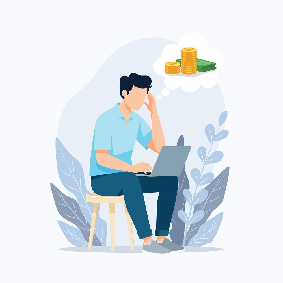 money shortage and financial problem concept, depressed man thinking about money, economic crisis vector