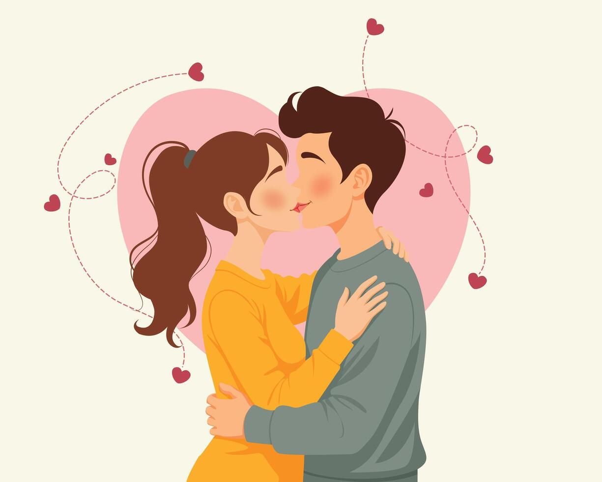 Loving Couple Kissing, Male and Female Characters Fall in Love, Dating Sparetime Isolated on White Background. Young People Spend Time Together Flirting, Hugging. Cartoon Illustration vector